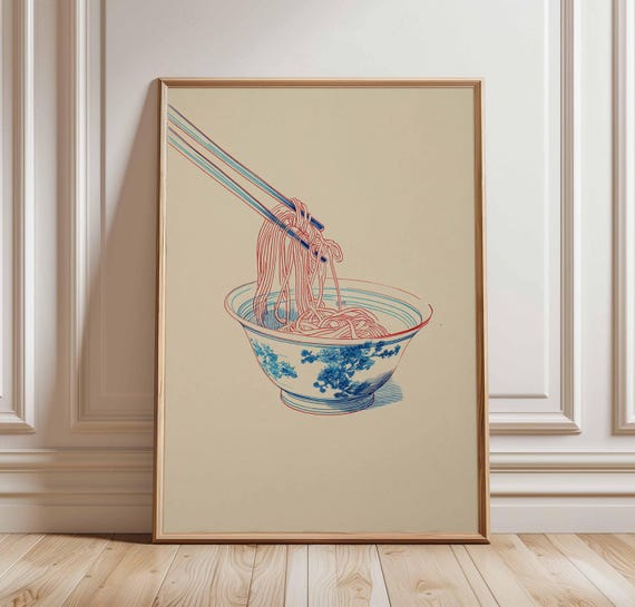 Noodle Bowl Wall Art Print Asian Food Poster Minimalist Ramen Kitchen Decor Japanese Illustration Style Unframed Modern