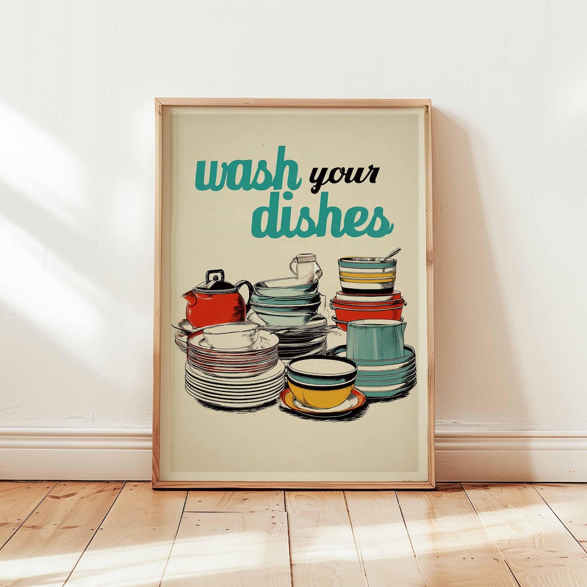 Wash Your Dishes Retro Kitchen Quote Art Print
