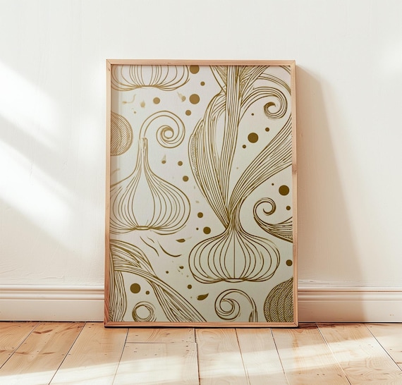 Golden Garlic Line Art Poster Minimalist Kitchen Decor Botanical