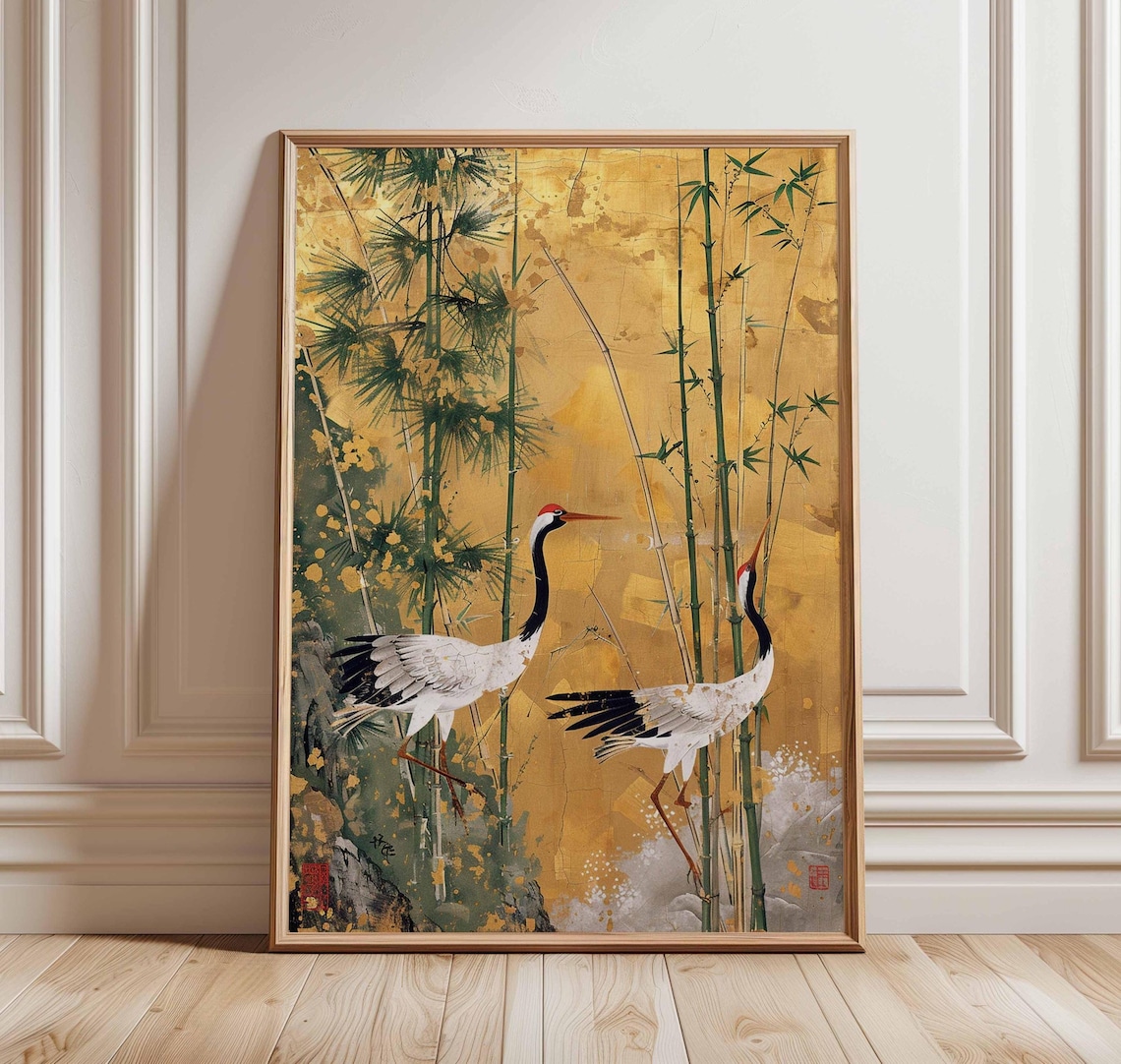 Japanese Crane Art Print, Gold Foil Style