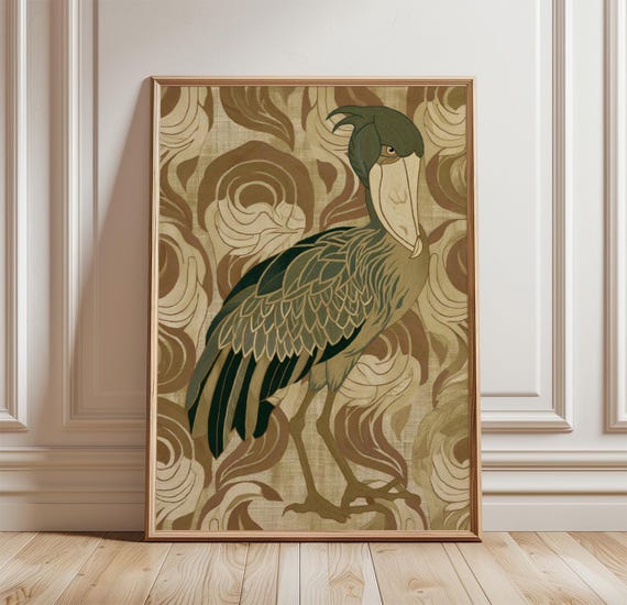 Shoebill Bird, Neutral Wildlife Botanical Nature Print