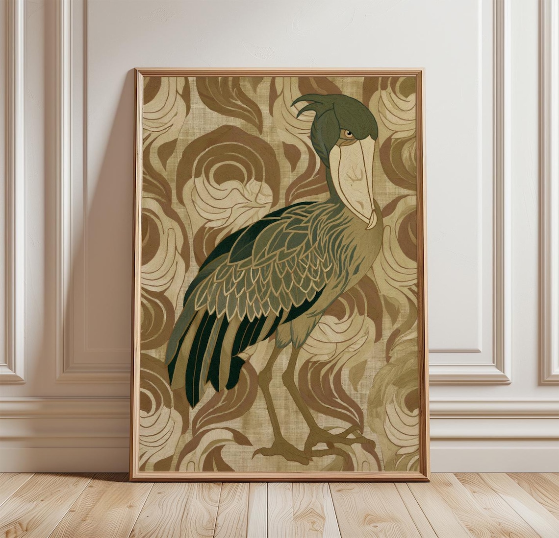 Shoebill Bird, Neutral Wildlife Botanical Nature Print