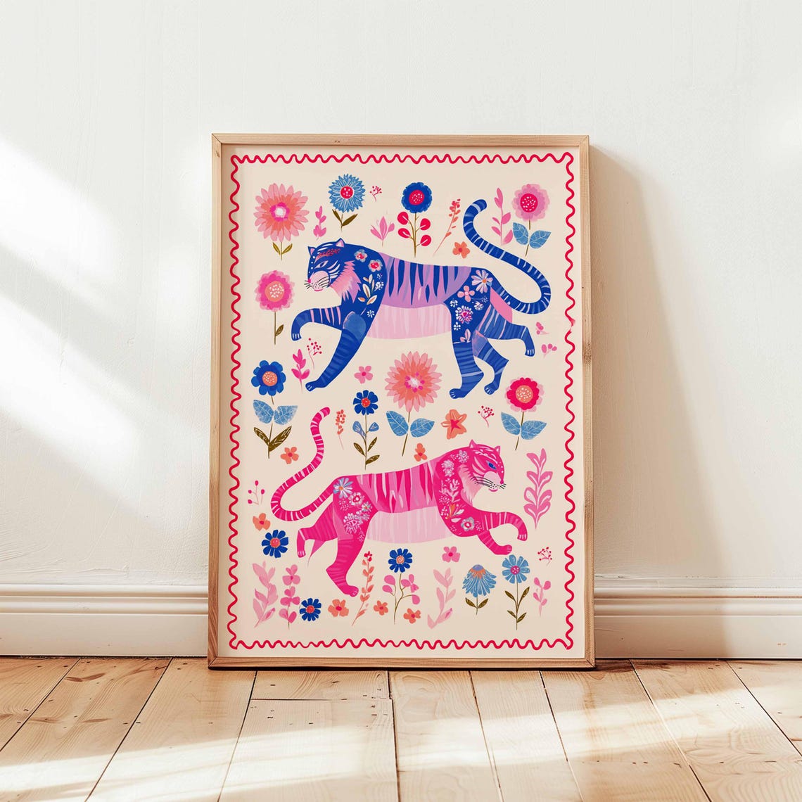Boho Folk Art Pink Blue Tiger Floral Jungle Whimsical Wall Poster