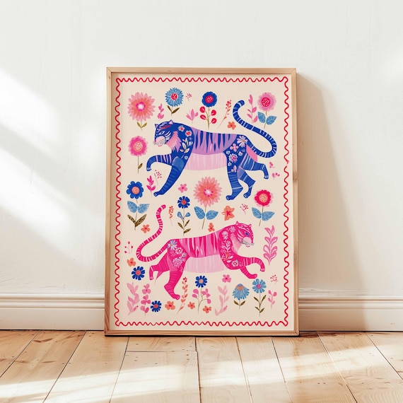 Boho Folk Art Pink Blue Tiger Floral Jungle Whimsical Wall Poster