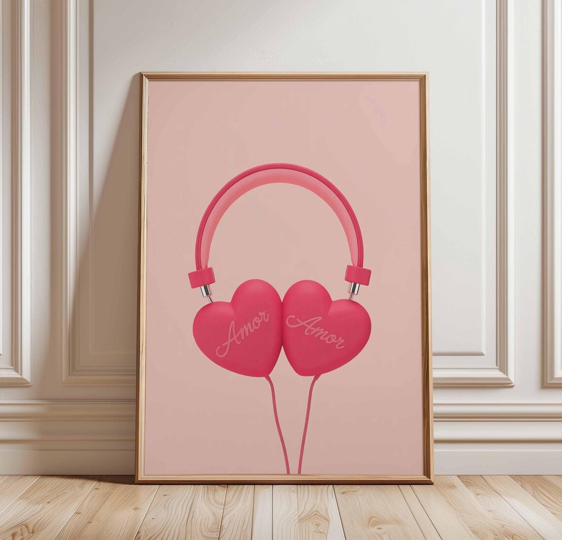 Amor Heart Headphones Pink Romantic Music Illustration Poster