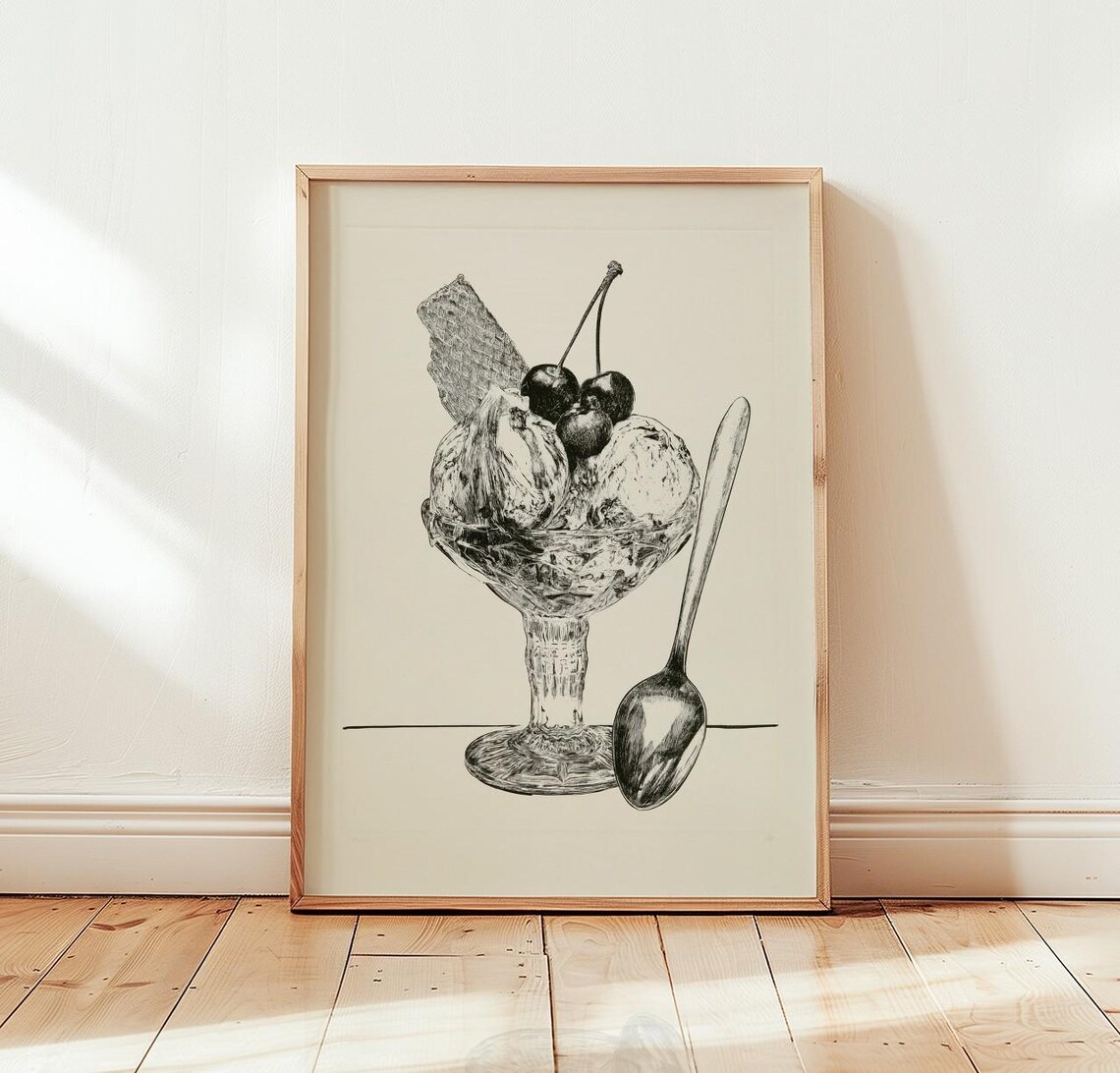 Ice Cream Sundae Line Drawing Vintage Kitchen Art Print