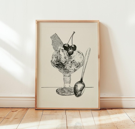 Ice Cream Sundae Line Drawing Vintage Kitchen Art Print