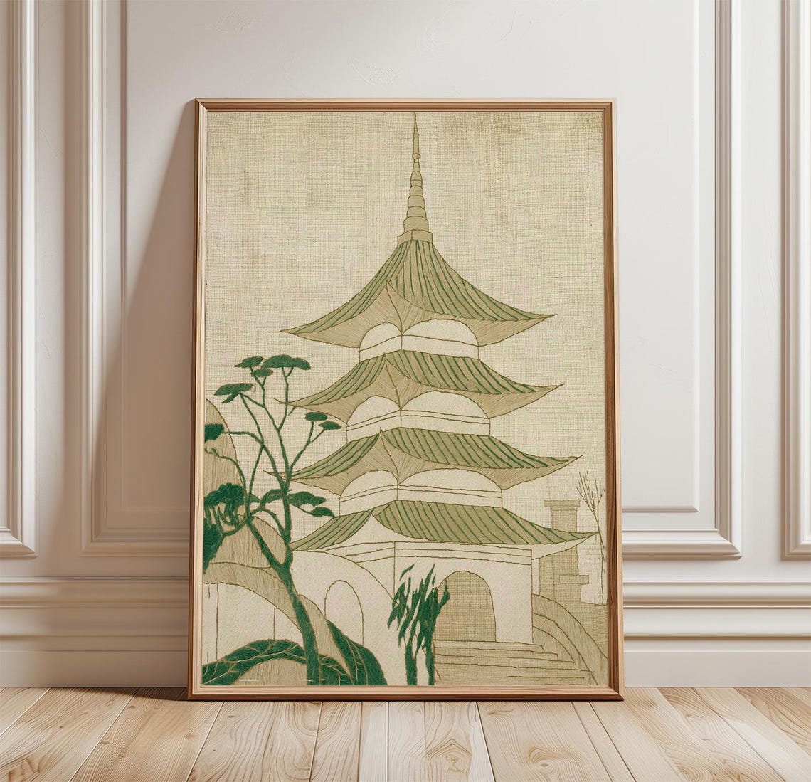 Sage Green Japanese Pagoda Temple Minimalist Asian Landscape Poster
