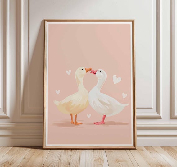 Duck Couple Poster Cute Animal Wall Art Romantic Print With Hearts