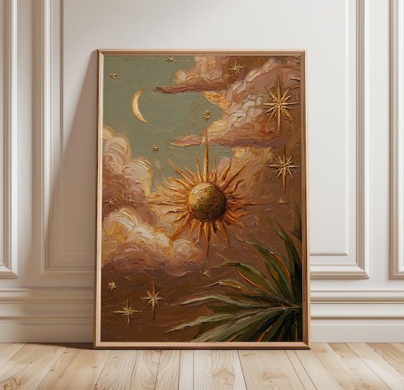 Celestial Sun And Moon Wall Art Poster Mystical Cosmic Illustration Print Golden Artwork Astrology Inspired Decor