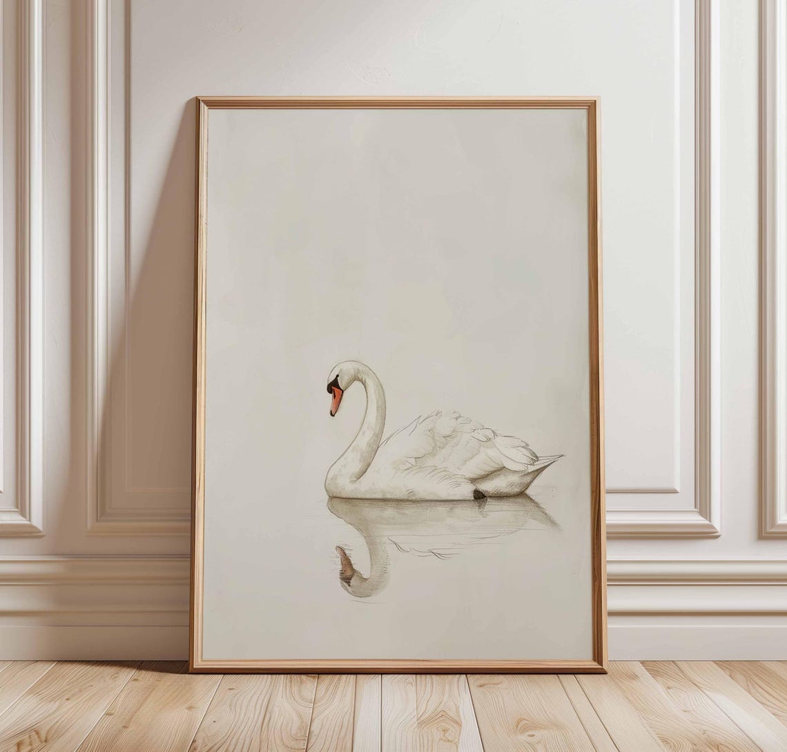 Graceful White Swan Pencil Sketch Serene Minimalist Bird Art Poster