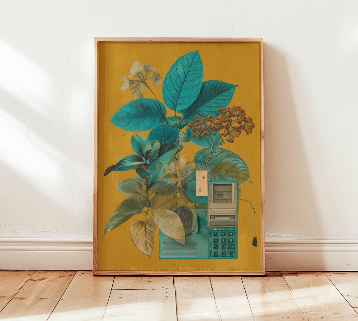 Retro Botanical Collage Vintage Teal Leaves Telephone Art Print