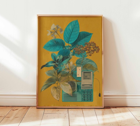 Retro Botanical Collage Vintage Teal Leaves Telephone Art Print