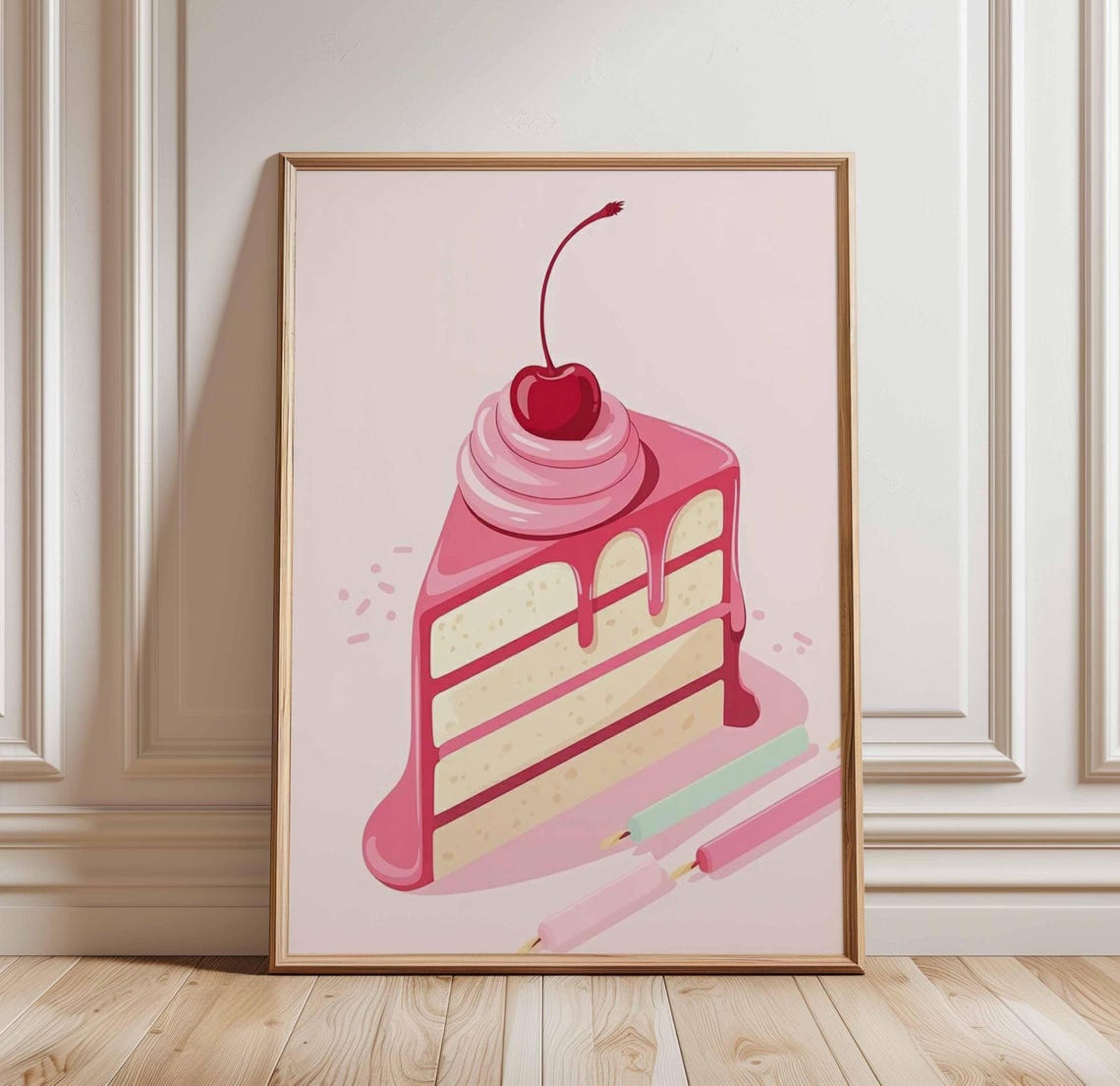 Cherry Cake Slice Pink Pop Art Poster Cute Dessert Birthday Decor