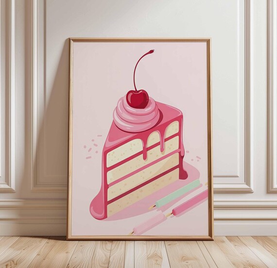 Cherry Cake Slice Pink Pop Art Poster Cute Dessert Birthday Decor