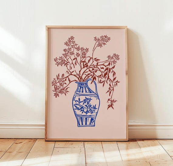 Blue Floral Vase Poster Vintage Botanical Print Cottage Wall Art