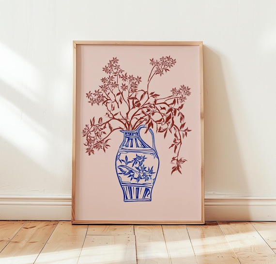 Blue Floral Vase With Rust Wildflowers Blush Pink Botanical Poster