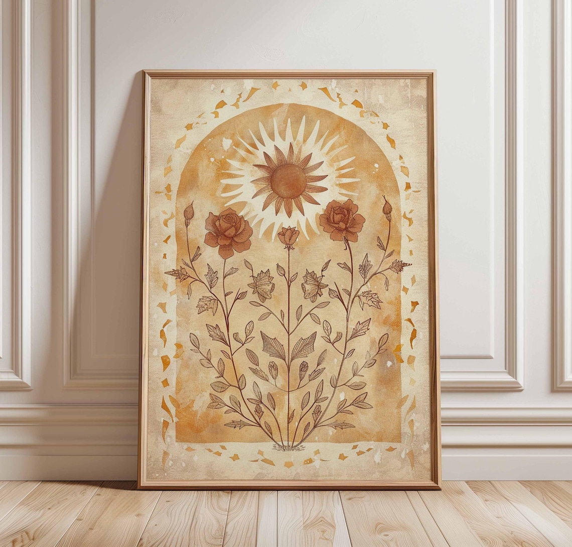 Sun And Rose Vintage Floral Poster, Boho Botanical