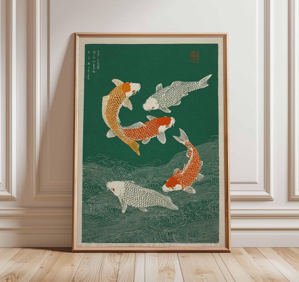 Japanese Koi Fish Poster Green Woodblock Pond Vintage Asian Art
