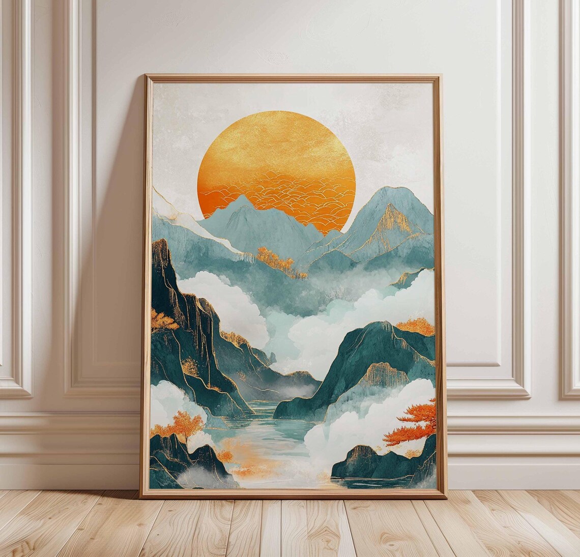 Golden Sun Asian Mountain Poster Orange Landscape Misty Nature Art