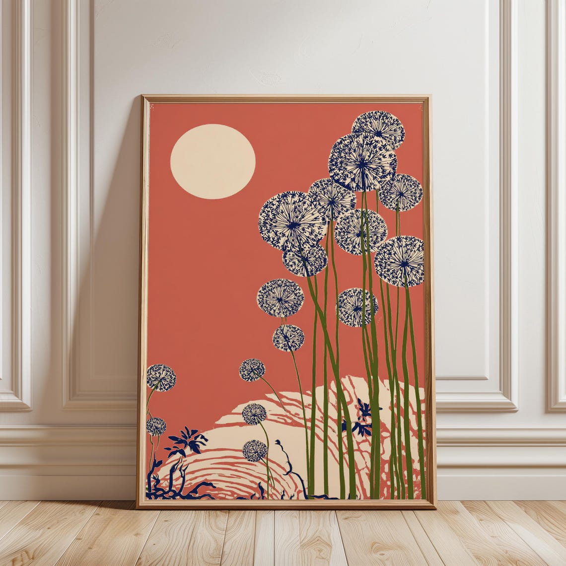 Full Moon Wildflowers Terracotta Japanese Woodblock Style Art Poster