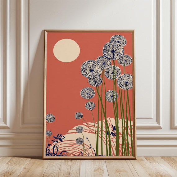 Full Moon And Wildflowers Art Print Japanese Woodblock Style Modern Floral Wall Decor Terracotta Botanical Poster Minimalist Nature