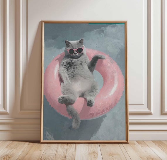 Funny Cat Poster Floating Art Print Summer Pool Wall Grey With Sunglasses Playful Animal Decor For Kids Room