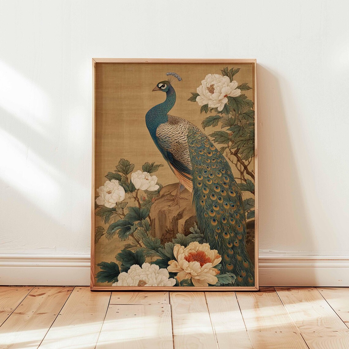 Oriental Peacock with Peonies Antique Asian Botanical Painting Poster
