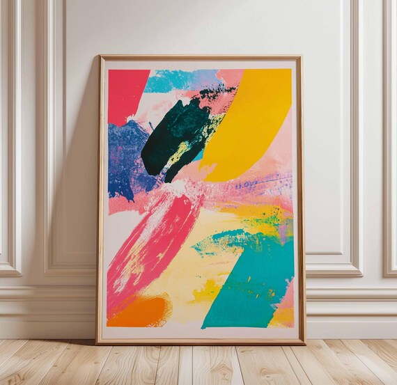 Abstract Colorful Art Poster Bold Geometric Print Bright Pink Blue Yellow Painting Modern Wall Decor