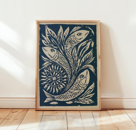 Fish Folk Art Poster, Botanical Coastal Print