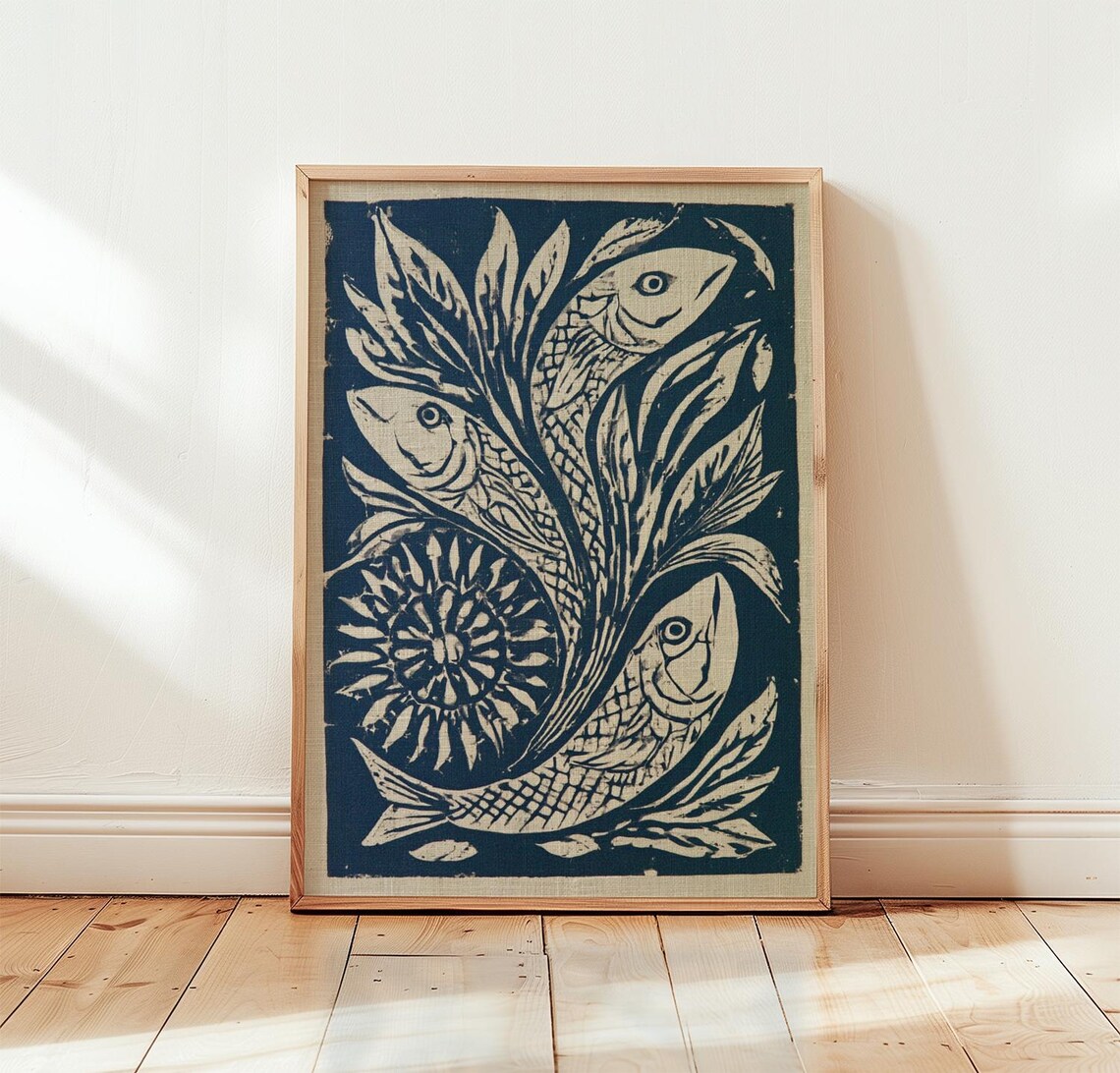 Fish Folk Art Poster, Botanical Coastal Print