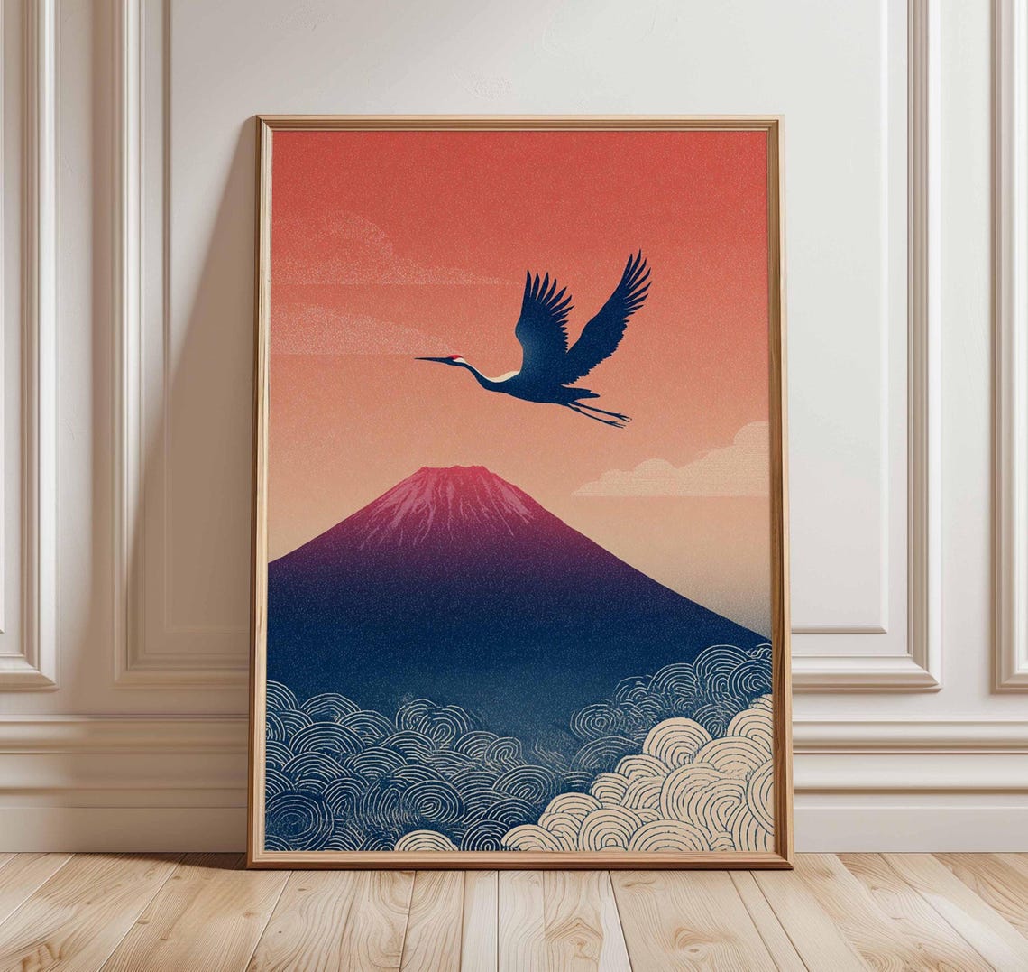 Mount Fuji At Coral Sunset With Soaring Crane Japanese Art Poster