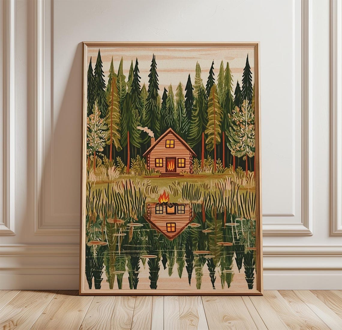 Cozy Log Cabin Reflected in Forest Lake Folk Art Landscape Poster