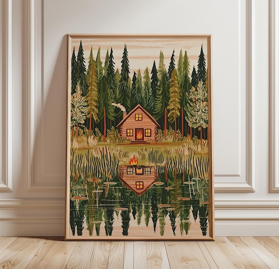 Cozy Log Cabin Reflected in Forest Lake Folk Art Landscape Poster