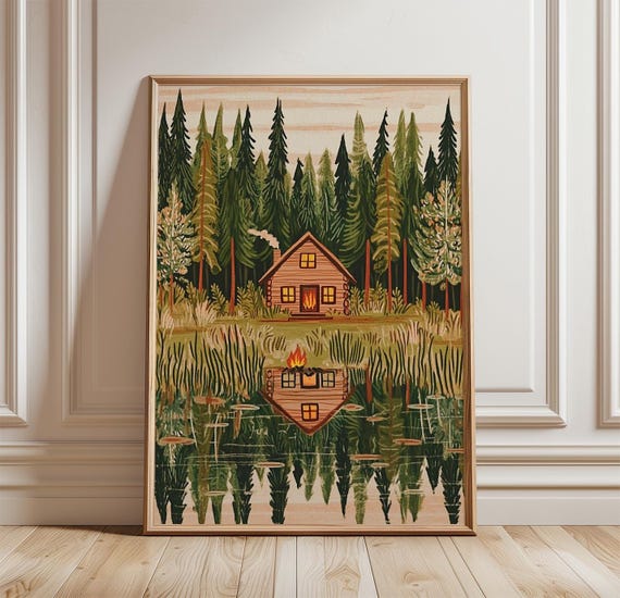 Forest Cabin Poster Cozy Woodland Wall Art Rustic Nature Illustration Print Lake Landscape Decor