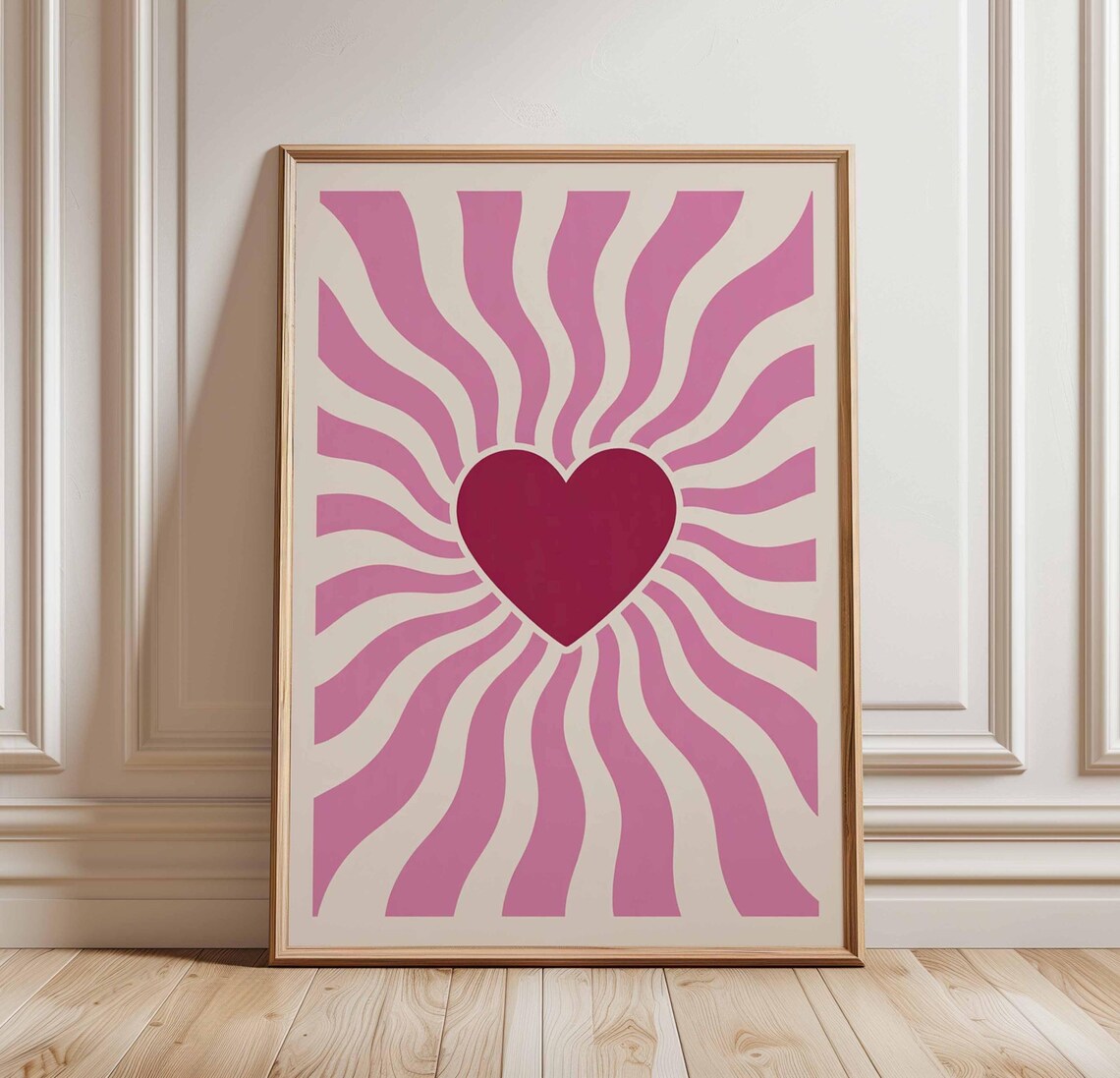 Magenta Heart Pink Wavy Sunburst Groovy Retro 70s Love Poster
