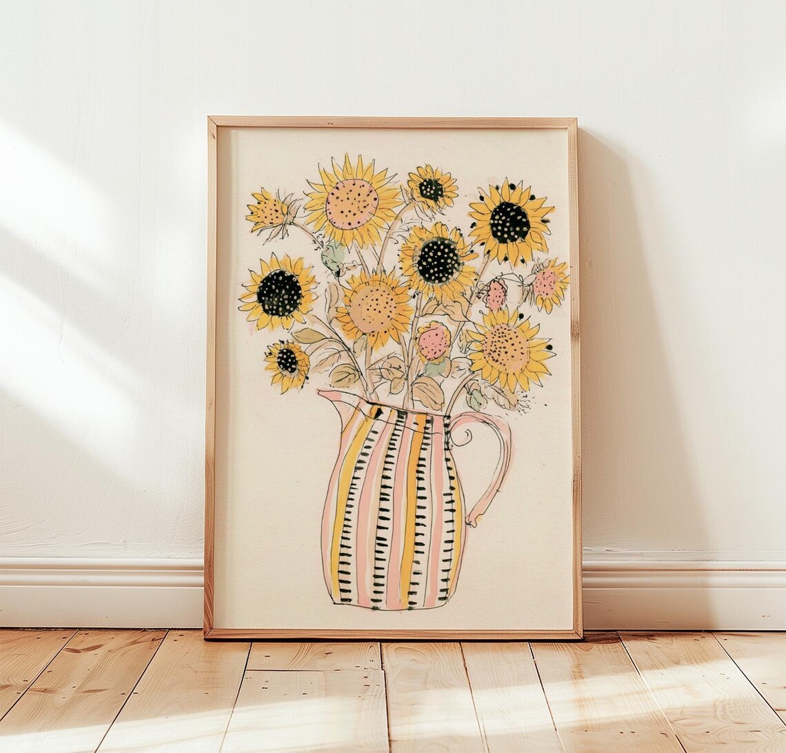 Sunflower Bouquet Vintage Floral Pitcher Art Print