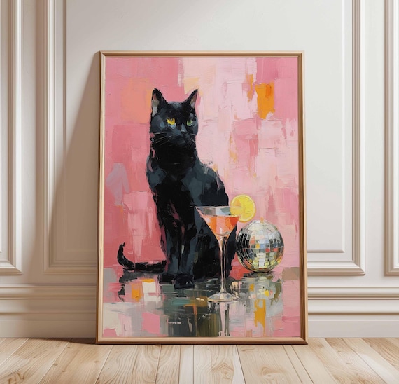 Black Cat Disco Cocktail Poster with Pink Party Decor and Disco Ball Art