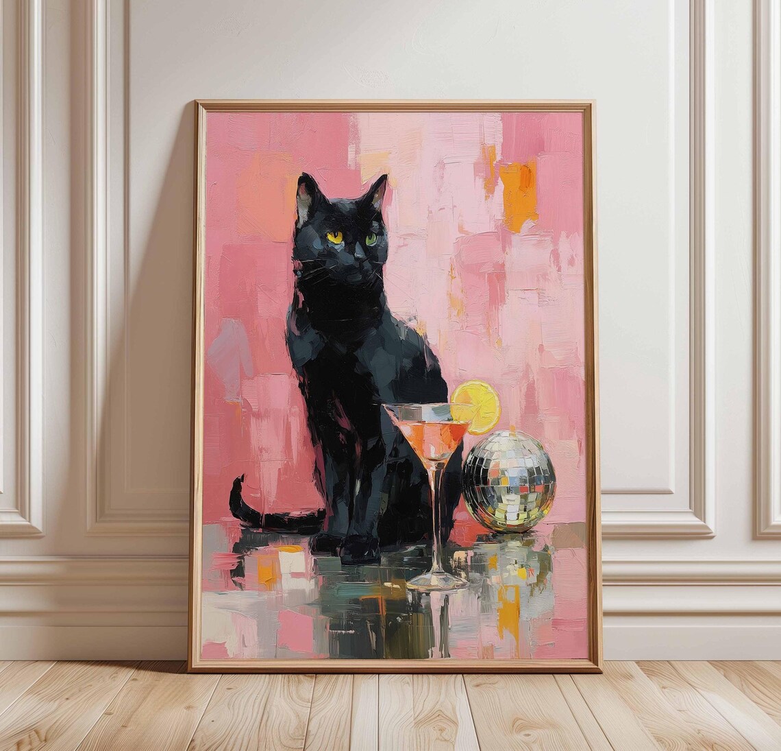 Black Cat Disco Cocktail Poster with Pink Party Decor and Disco Ball Art
