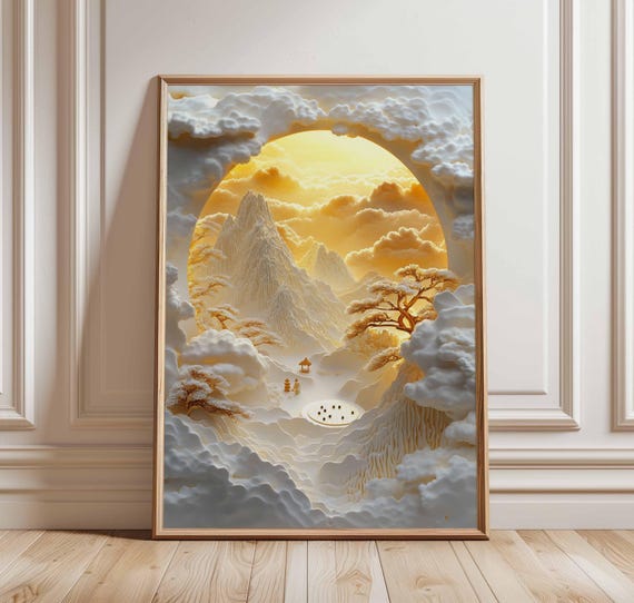 Golden Mountain Sunset Poster Cloudy Landscape Art Asianinspired Tranquil Scene Serene Waterfall Temple Print Peaceful Nature Decor