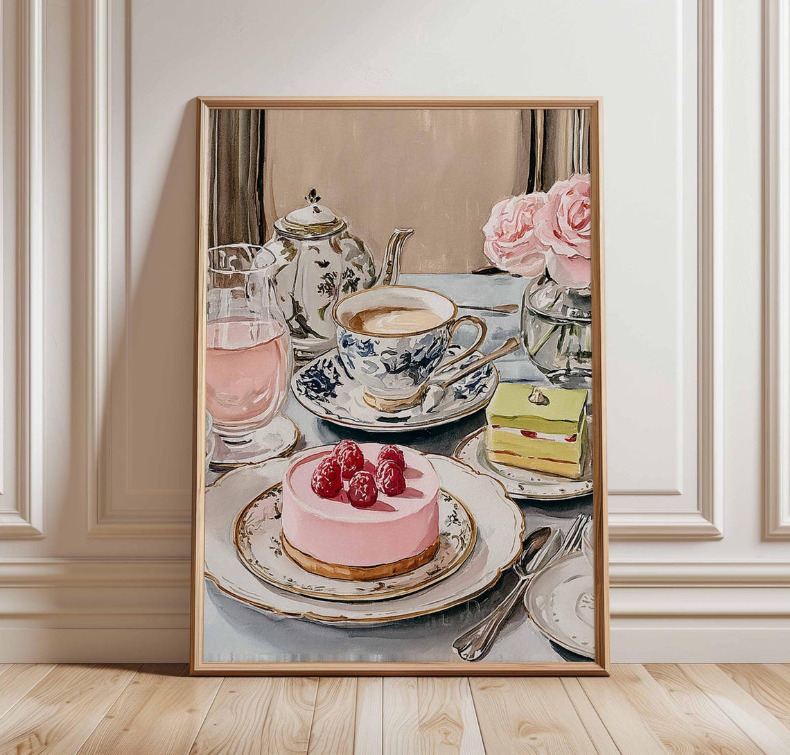 Vintage French Tea Party Raspberry Cake Blush Roses Kitchen Print