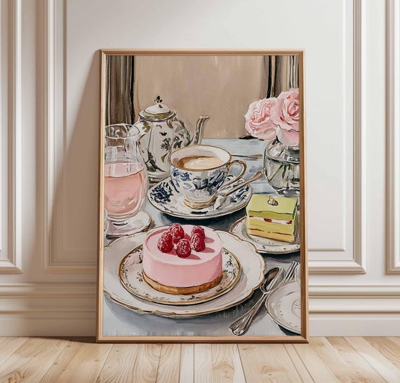 Vintage French Tea Party Poster Raspberry Cake And Coffee Print Elegant Patisserie Wall Art Floral Cafe Kitchen Decor