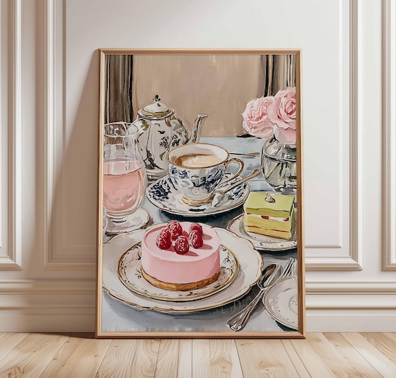 Vintage French Tea Party Raspberry Cake Blush Roses Kitchen Print