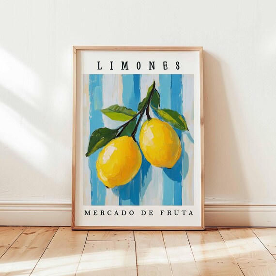 Limones Lemon Fruit Poster Spanish Market Citrus Wall Art Bold Orange Stripe Kitchen Decor Unframed Botanical Still Life Print