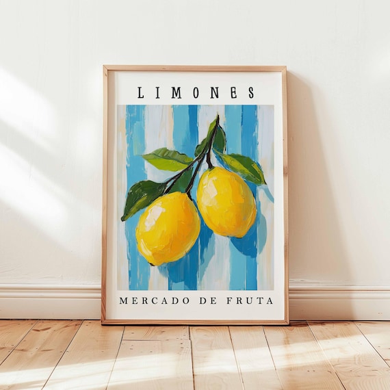 Limones Two Lemons on Blue Striped Background Kitchen Poster