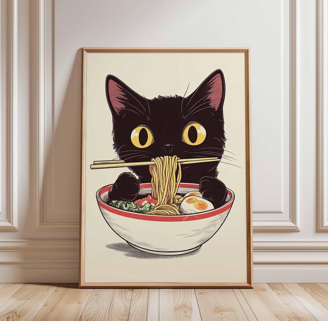 Wide Eyed Black Cat Slurping Ramen Noodles Cream Japanese Kitchen Poster