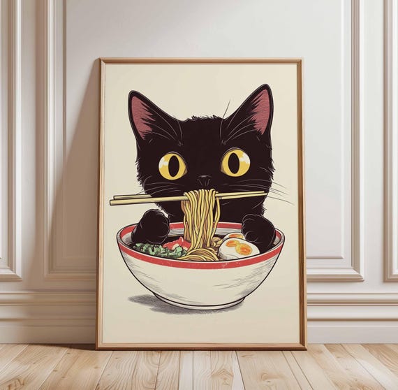 Black Cat Ramen Poster Cute Noodle Art Kawaii Print Japanese Food Eating Asian Wall Fun Kitchen Decor