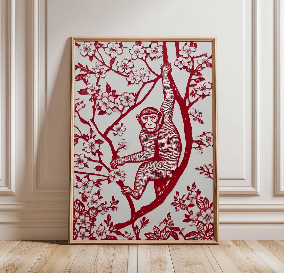 Red Papercut Monkey Cherry Blossom Tree Asian Folk Art Poster