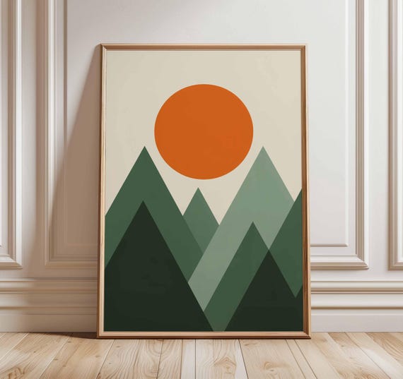 Geometric Mountain Sunset Poster Retro Minimalist Landscape Wall Art Vintage Mid Century Modern Nature Print For Home Decor