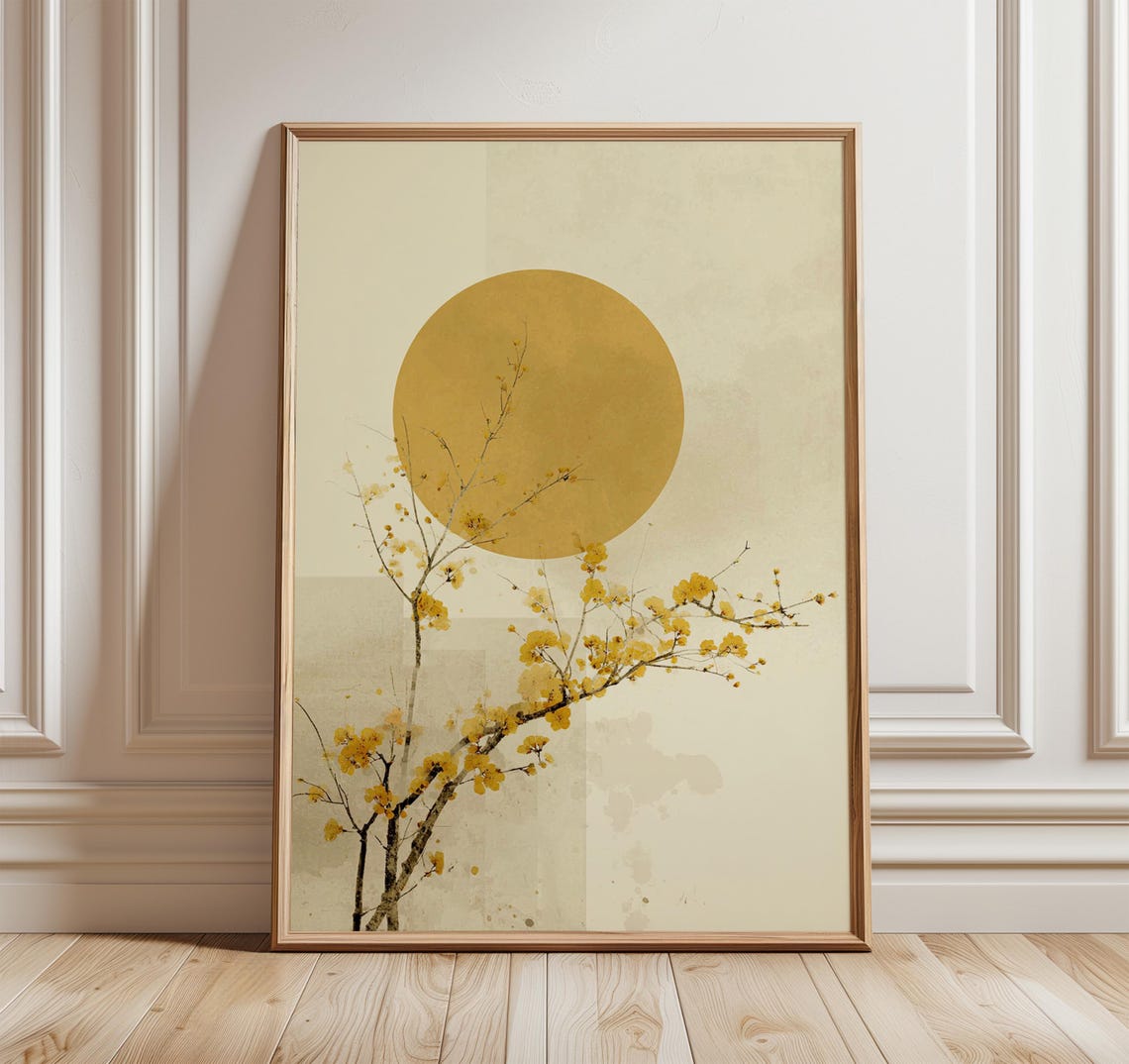 Minimalist Japanese Wall Art Yellow Sun And Blossom Poster Zen Botanical Print For Modern Home Living Room Decor